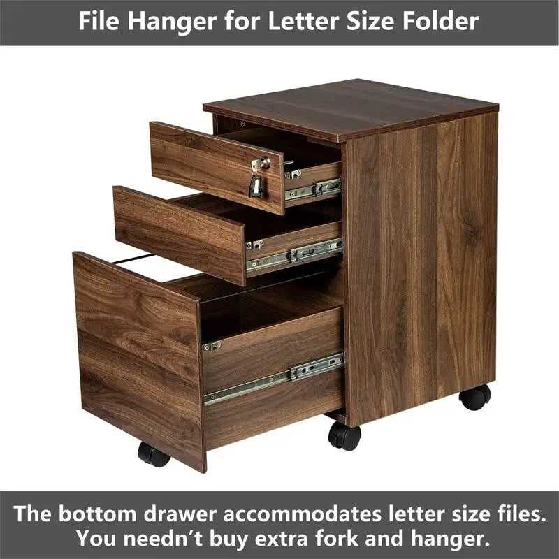 3 Drawers Wood Mobile File Cabinet - 15.7D x 16.3W x 24.4H