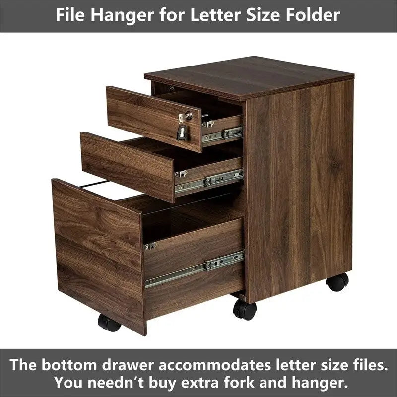 3 Drawers Wood Mobile File Cabinet - 15.7D x 16.3W x 24.4H