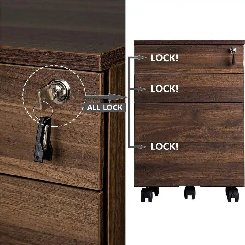 3 Drawers Wood Mobile File Cabinet - 15.7D x 16.3W x 24.4H
