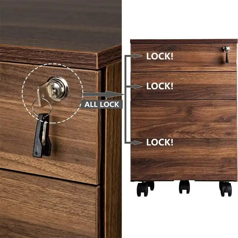 3 Drawers Wood Mobile File Cabinet - 15.7D x 16.3W x 24.4H