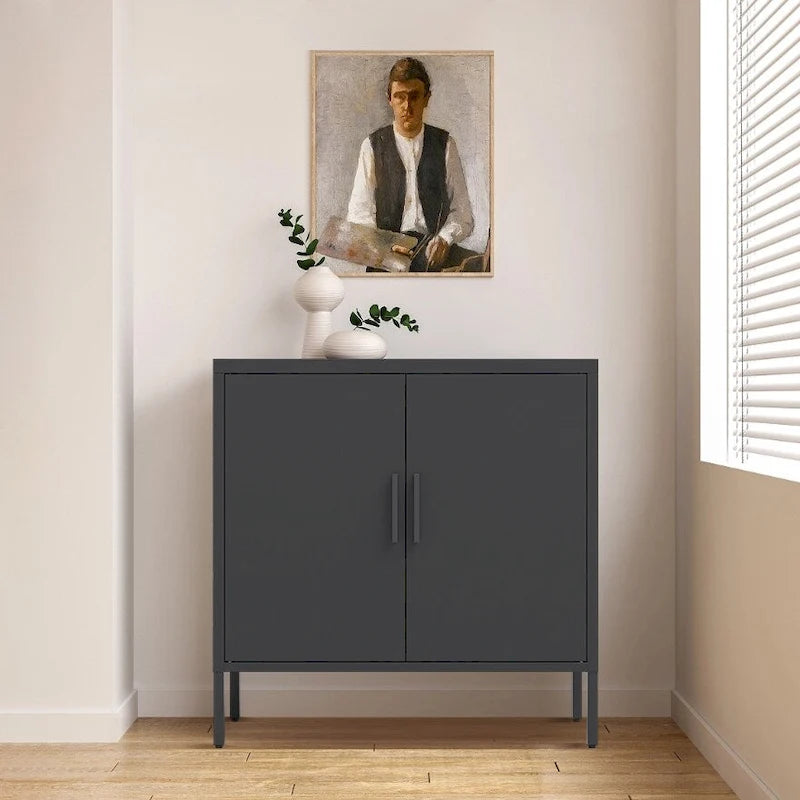 Metal Storage Cabinet with 2 Doors and 2 Adjustable Shelves, Steel Lockable Garage Storage Cabinet, Metal File Cabinet