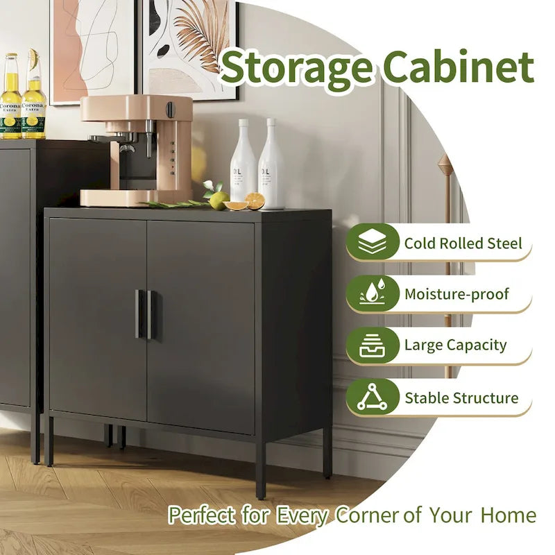 Metal Storage Cabinet with 2 Doors and 2 Adjustable Shelves, Steel Lockable Garage Storage Cabinet, Metal File Cabinet