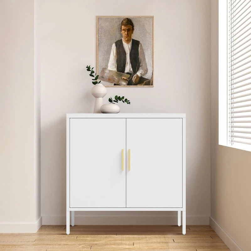 Metal Storage Cabinet with 2 Doors and 2 Adjustable Shelves, Steel Lockable Garage Storage Cabinet, Metal File Cabinet