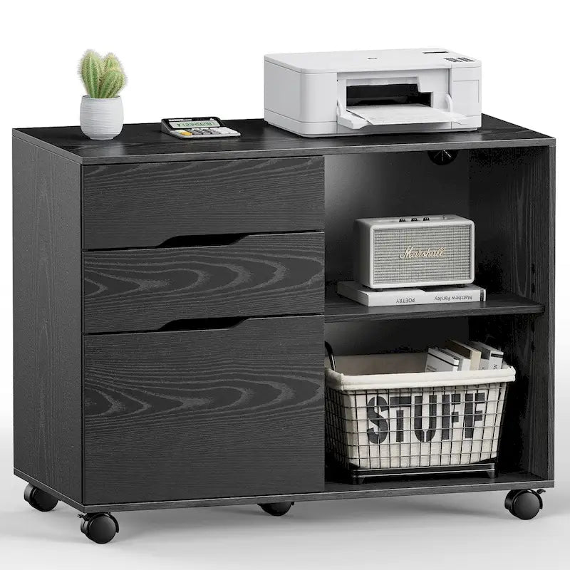3 Drawer Mobile Lateral Filing Cabinet with Open Storage Shelves Functions as Printer Stand