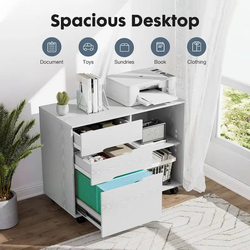 3 Drawer Mobile Lateral Filing Cabinet with Open Storage Shelves Functions as Printer Stand