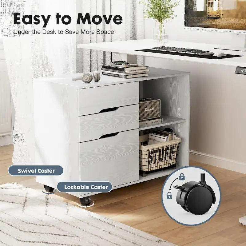3 Drawer Mobile Lateral Filing Cabinet with Open Storage Shelves Functions as Printer Stand