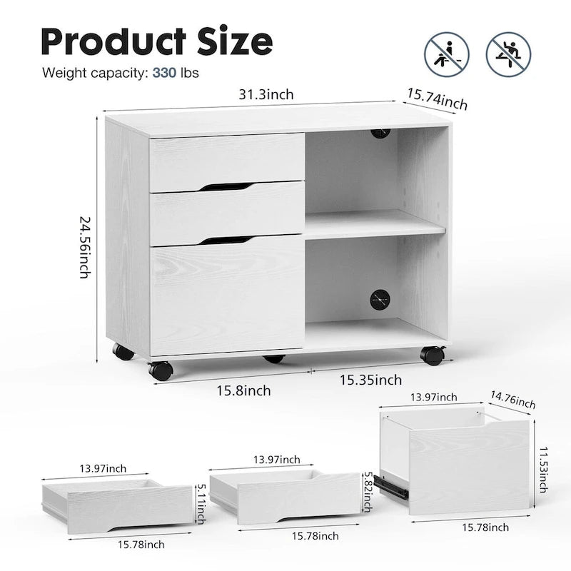 3 Drawer Mobile Lateral Filing Cabinet with Open Storage Shelves Functions as Printer Stand
