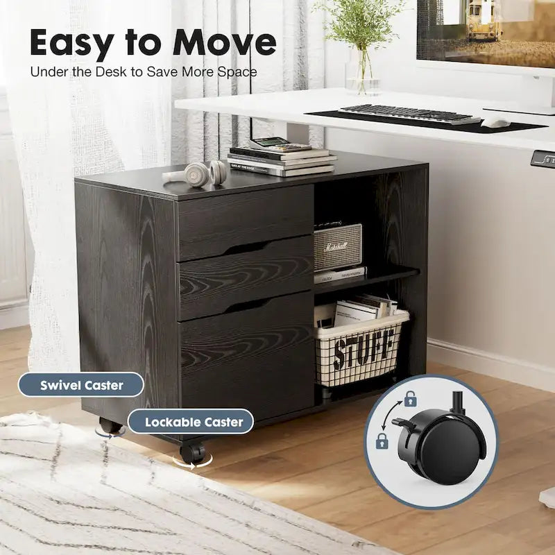 3 Drawer Mobile Lateral Filing Cabinet with Open Storage Shelves Functions as Printer Stand