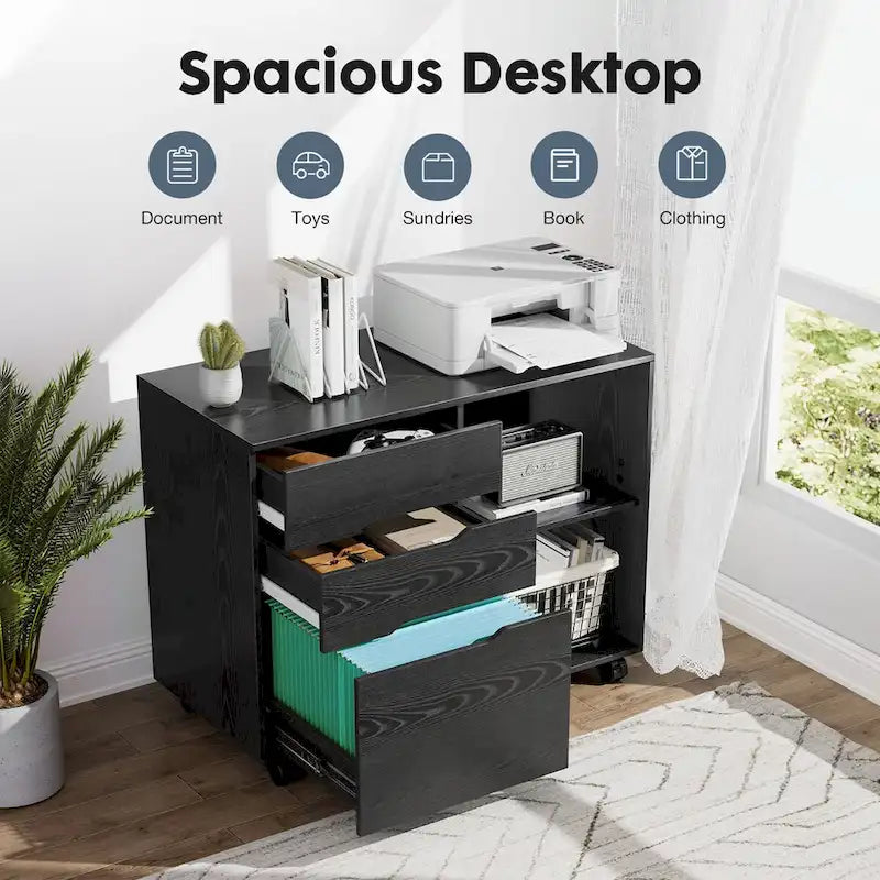 3 Drawer Mobile Lateral Filing Cabinet with Open Storage Shelves Functions as Printer Stand