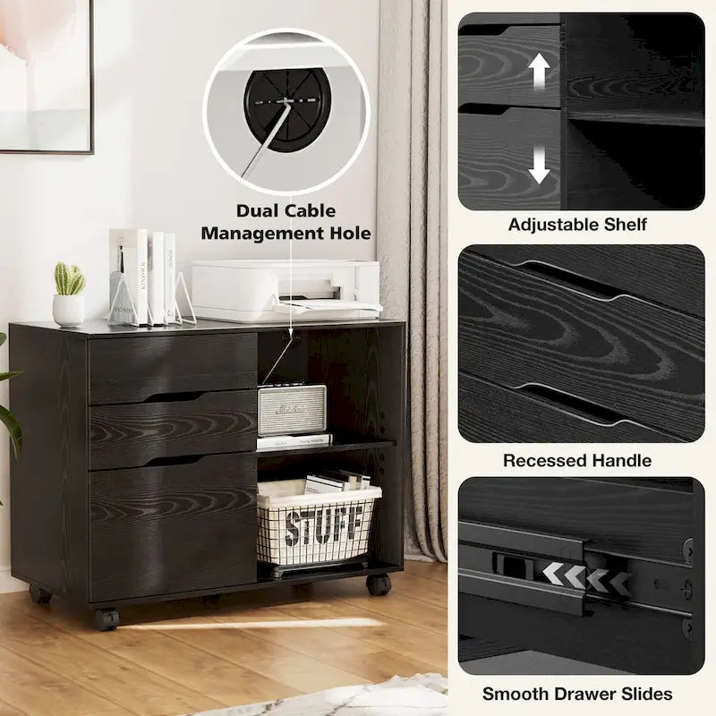 3 Drawer Mobile Lateral Filing Cabinet with Open Storage Shelves Functions as Printer Stand