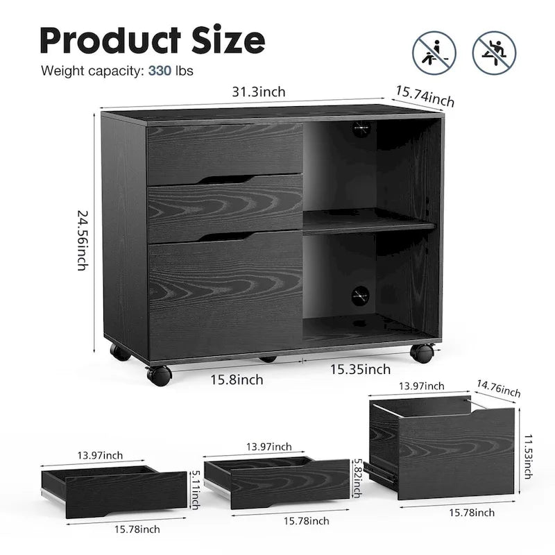 3 Drawer Mobile Lateral Filing Cabinet with Open Storage Shelves Functions as Printer Stand