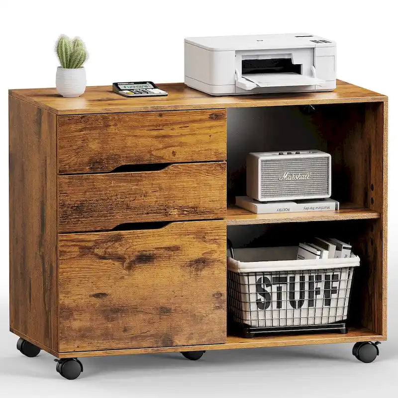 3 Drawer Mobile Lateral Filing Cabinet with Open Storage Shelves Functions as Printer Stand