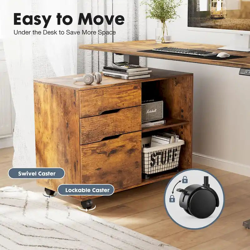 3 Drawer Mobile Lateral Filing Cabinet with Open Storage Shelves Functions as Printer Stand