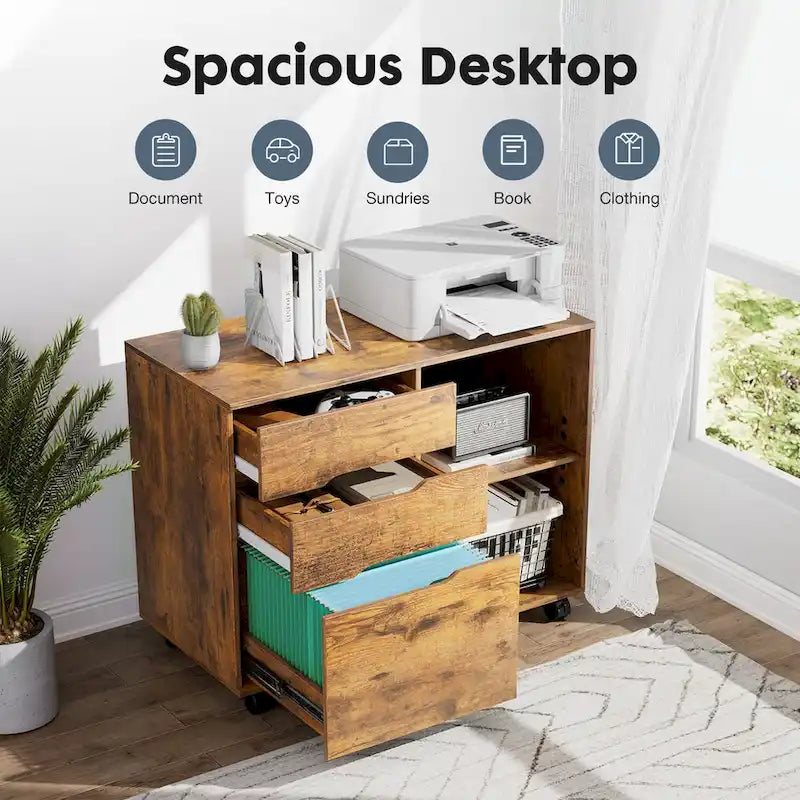 3 Drawer Mobile Lateral Filing Cabinet with Open Storage Shelves Functions as Printer Stand