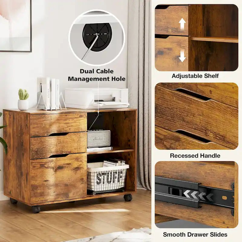 3 Drawer Mobile Lateral Filing Cabinet with Open Storage Shelves Functions as Printer Stand