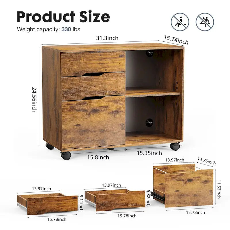 3 Drawer Mobile Lateral Filing Cabinet with Open Storage Shelves Functions as Printer Stand