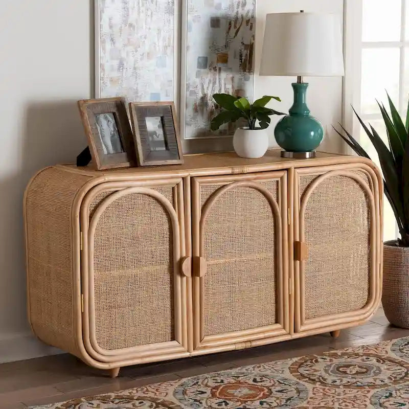 Evania Bohemian Natural Rattan 3-Door Storage Cabinet