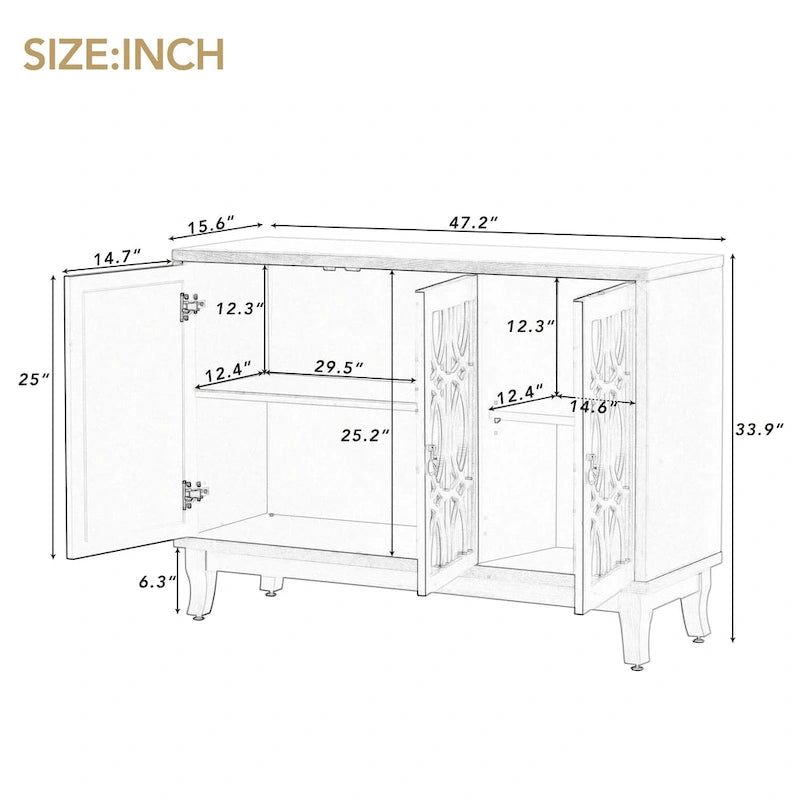 3-Door Sideboard Cabinet with Glass Doors