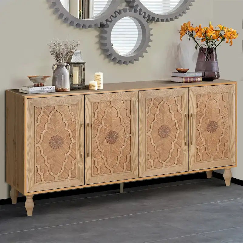 Carved Flower Door Large Storage Cabinet with Metal Handle