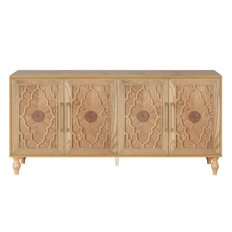Carved Flower Door Large Storage Cabinet with Metal Handle